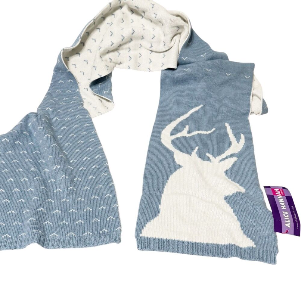 Alice Hannah London 78 x 9 Rectangular Scarf Reindeer Stag Dusty Blue White NWT